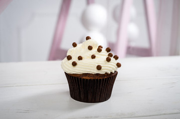 Delicious little cake with white icing and brown sweets. Horizontal frame