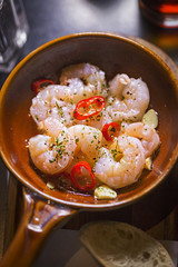 Gambas al Ajillo. Prawns cooked in Virgin Oil with Garlic and Chilli