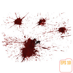Splashes of red paint, realistic drops of blood. Messy red stains of blood or wine. Vector