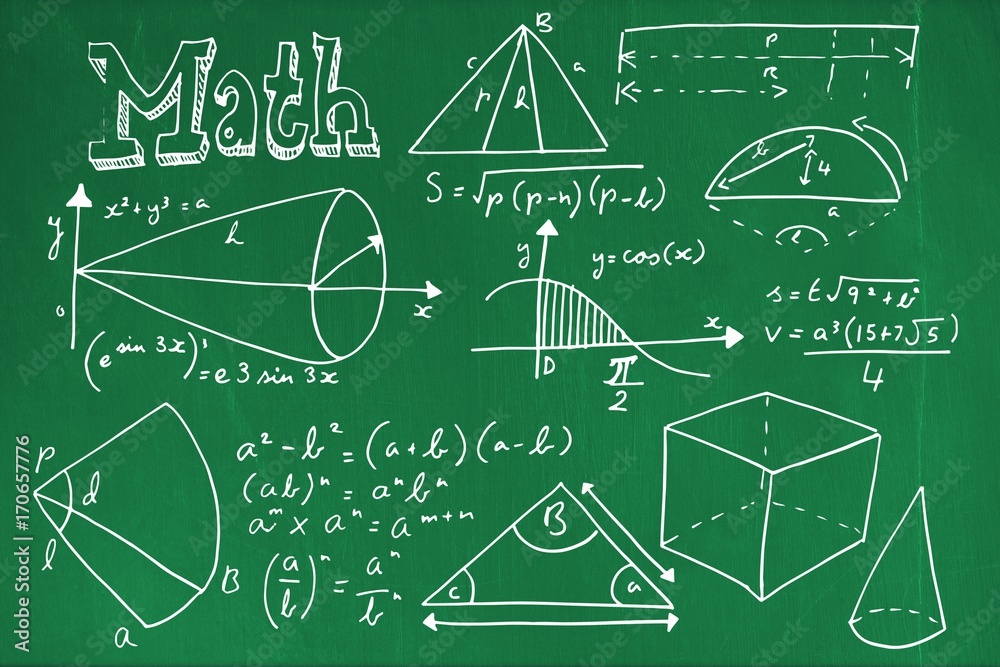 Fototapete composite image of geometric shapes with math text