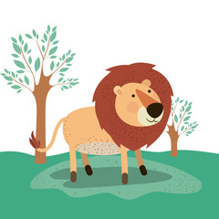 Obraz na płótnie Canvas lion animal caricature in forest landscape background vector illustration vector illustration