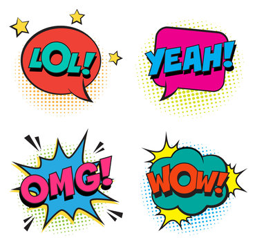 Retro colorful comic speech bubbles set with colorful halftone shadows on white background. Expression text LOL, OMG, WOW, YEAH. Vector illustration, vintage design, pop art style.