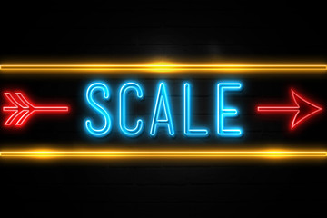 Scale  - fluorescent Neon Sign on brickwall Front view