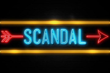 Scandal  - fluorescent Neon Sign on brickwall Front view