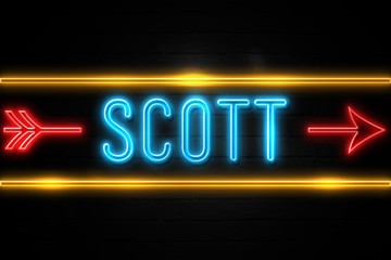 Scott  - fluorescent Neon Sign on brickwall Front view