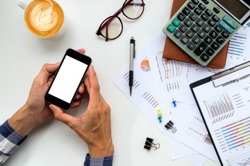 Man hands holding blank screen a smartphone