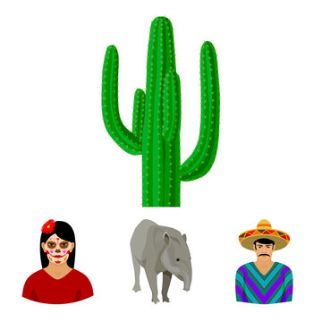 Tapir Mexican animal, a Mexican in national clothes in a poncho, a woman with a flower, a cactus. Mexico country set collection icons in cartoon style vector symbol stock illustration web.