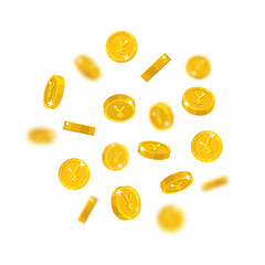 Gold Chinese yuan or Japanese yen flying cartoon isolated. Gold Chinese yuan or Japanese yen with the effect flying in the air in a cartoon style. Floating pieces vector illustrations