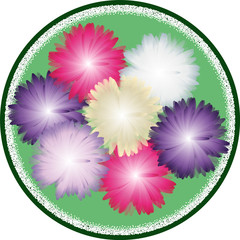 Autumn bouquet from asters in gentle tones inside green circle. Top view. Round vector greeting card