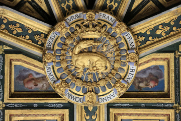 Salamandre en or dans les flammes. Symbole de François Ier. Plafond. Chapelle Haute Saint-Saturnin. Décoré par Philippe Delorme. Château de Fontainebleau. Fontainebleau castle.