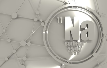 Sodium chemical element. Sign with atomic number and atomic weight. Chemical element of periodic table. Molecule And Communication Background. Connected lines with dots. 3D rendering.