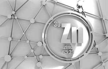 Zinc chemical element. Sign with atomic number and atomic weight. Chemical element of periodic table. Molecule And Communication Background. Connected lines with dots. 3D rendering.