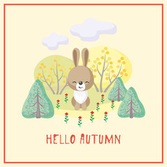 Hello autumn. Greeting card with the image of cute forest animal and trees in cartoon style. Children’s illustration. 
