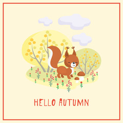 Hello autumn. Greeting card with the image of cute forest animal and trees in cartoon style. Children’s illustration. 