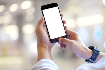 Businessman using Smartphone. Blank screen mobile phone for graphic display montage.