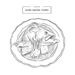 Salmon Kabutoni Steamed. hand draw vector.