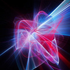 Abstract red and blue sci-fi background. Fractal graphics series. Three-dimensional composition of dots, waves and rays of light.