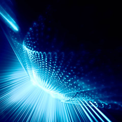 Obraz premium Abstract blue and black background. Fractal graphics series. Three-dimensional composition of dots, waves and rays of light.