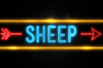 Sheep  - fluorescent Neon Sign on brickwall Front view