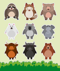 Sticker design with cute animals on grass