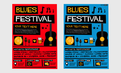 Blues Festival (Flat Style Vector Illustration Quote Poster Design) Event Invitation with Venue, Artist, Ticket and Time Details