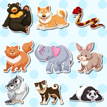 Sticker design with wild animals on blue background