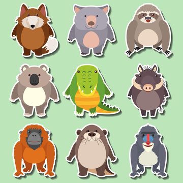 Sticker design for wild animals on green background