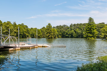 The ADA-compliant canoe/kayak launch ramp at Stumpy Lake Natural Area, a 278-acre lake in Virginia Beach, Virgnia, surrounded by pine and bald cypress trees.  