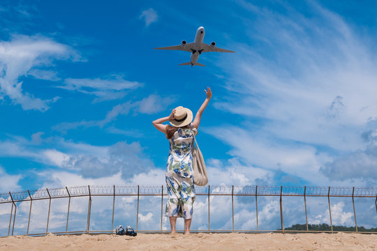 Vacation Holiday Background By Woman Is Greeting Air Plane While Taking Off At Phuket Air Port Beach Side.