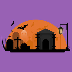 Silhouette of halloween illustration with large moon on background 