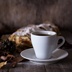 A cup of coffee with espresso, pie and autumn leaves. autumn.