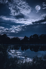 Sky with dark cloudy and full moon above silhouettes of trees and tranquil lake.