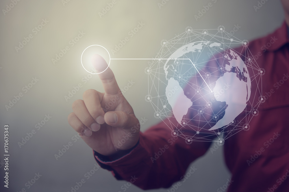 Poster businessman hand touching virtual button on earth map point with network connection, international m