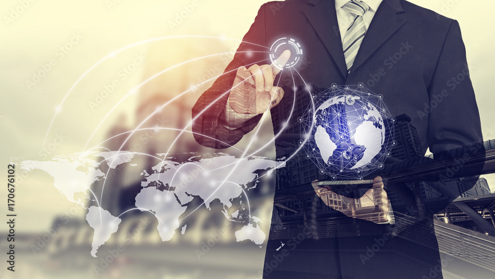 Poster Businessman hand touching virtual button on Earth map point with network connection, Best Internet Concept of global business from concepts series, connection symbols communication lines.
