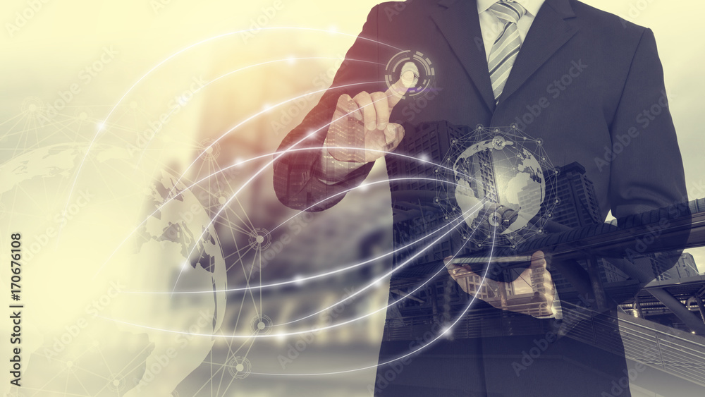 Poster Businessman hand touching virtual button on Earth map point with network connection, Best Internet Concept of global business from concepts series, connection symbols communication lines.