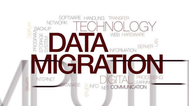 Data migration animated word cloud, text design animation. Kinetic typography.