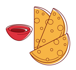 Tasty crispy chapati with bowl of sauce isolated illustration