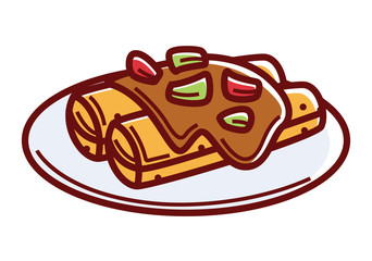 Enchiladas with spicy sauce and greenery on plate