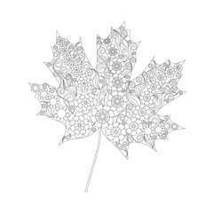 Monochrome doodle maple leaf for coloring book, antistress stock vector illustration