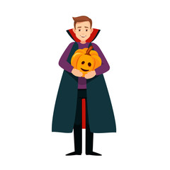 the boy in the costume of Dracula with pumpkin, vector male character for the holiday of Halloween, vector illustration isolated from background