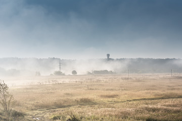 Fototapeta na wymiar Beautiful field landscape of foggy misty field with trees in Autumn Fall