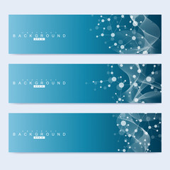 Scientific set of modern vector banners. DNA molecule structure with connected lines and dots. Science vector background. Medical, tecnology, chemistry design.