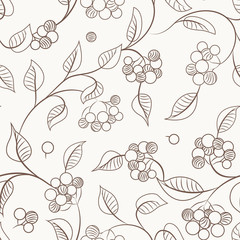 Autumn berries on shrub branch with leaves. Seamless pattern texture. Brown outline on beige background. Guelder rose kalyna bush. Vector design illustration.