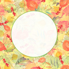     Watercolor Postcard, frame, invitation, label. Autumn watercolor greeting card, frame, card. Of the leaves of birch, cherry, rowanberry, oak, aspen, poplar, mountain ash and others.