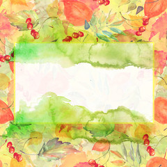 Fototapeta na wymiar Watercolor Postcard, frame, invitation, label. Autumn watercolor greeting card, frame, card. Of the leaves of birch, cherry, rowanberry, oak, aspen, poplar, mountain ash and others.