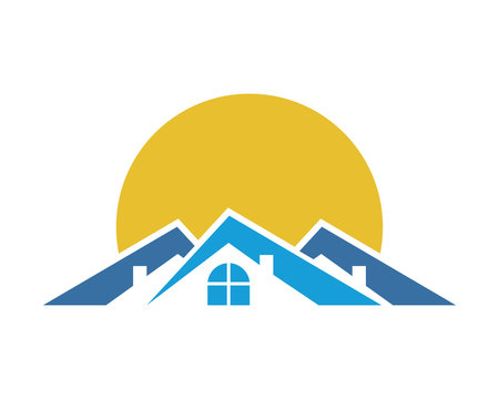 sun behind blue roof tile home house residential architect image icon vector