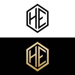 initial letters logo he black and gold monogram hexagon shape vector