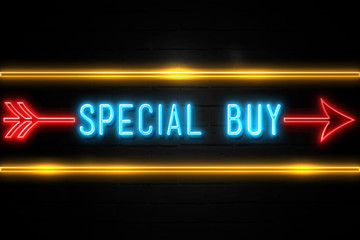 Fototapeta premium Special Buy - fluorescent Neon Sign on brickwall Front view