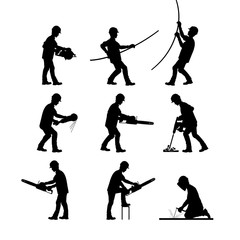 A construction worker at work. Silhouettes in different poses with and without tools. Vector illustration.