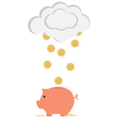 Piggy bank with money. Money falling into piggy bank with clouds